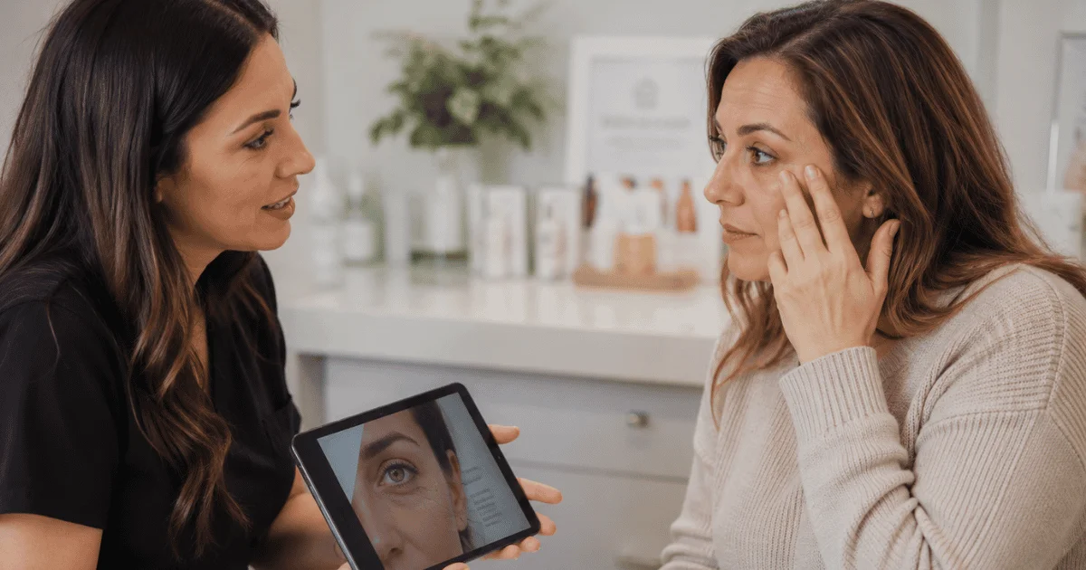Patient consulting with an aesthetic provider about under-eye rejuvenation treatments for dark circles, hollows, and fine lines.