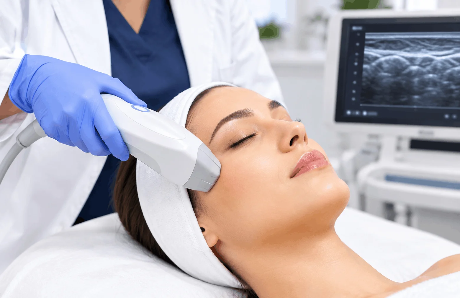 A patient receiving a facial ultrasound treatment from a practitioner in a modern clinic in Stoneham MA